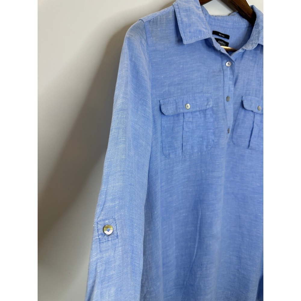 Jones & Co. 100% Linen Half Button Shirt Blue Top Large Resort Coastal *Flawed - Picture 4 of 12
